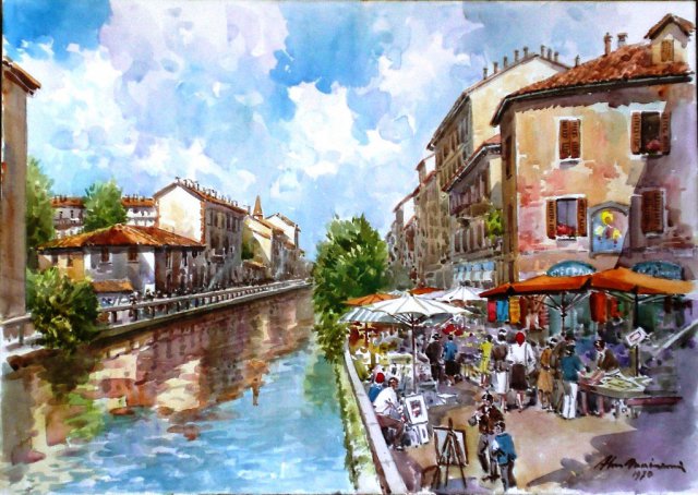 alvaro  mairani cm 50 x 70 acquerello  milano fiera sul naviglio 1970